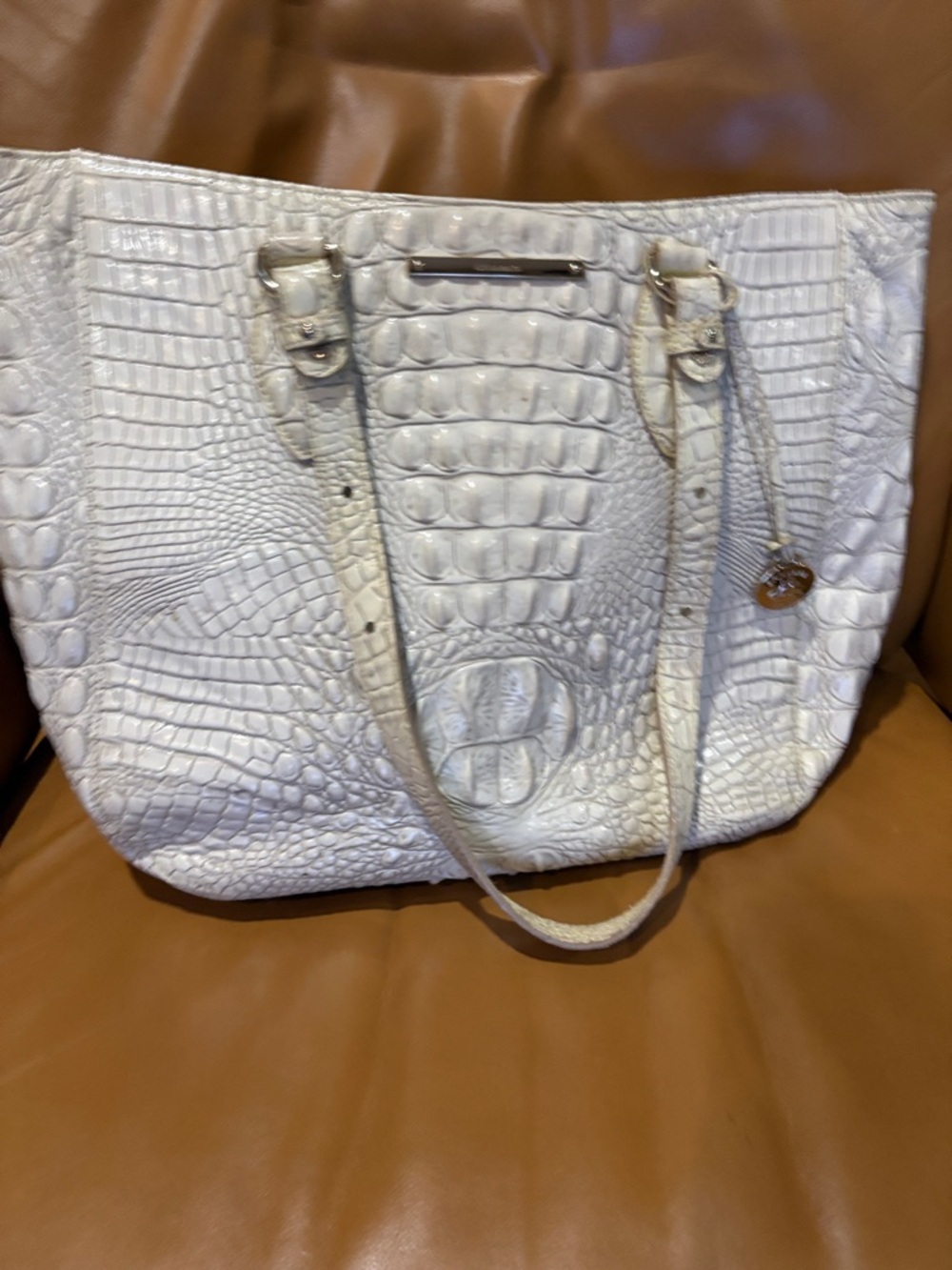 White Croc-Embossed Tote Bag - Elegant Everyday Carry Brahmin .